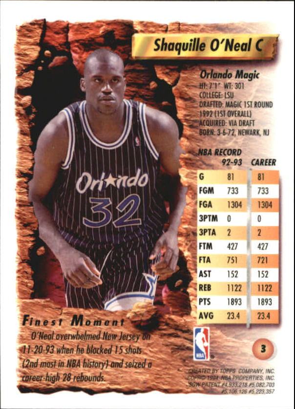 1993-94 Finest #3 Shaquille O'Neal back image
