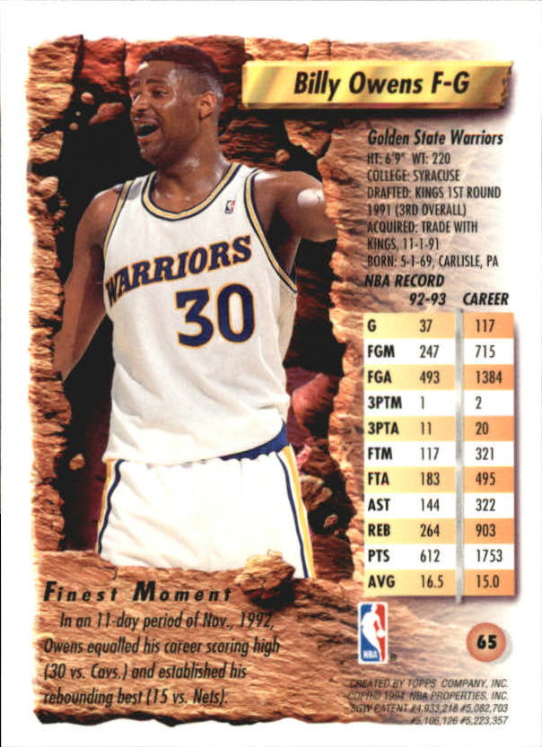 1993-94 Finest Golden State Warriors Basketball Card #65 Billy Owens | eBay