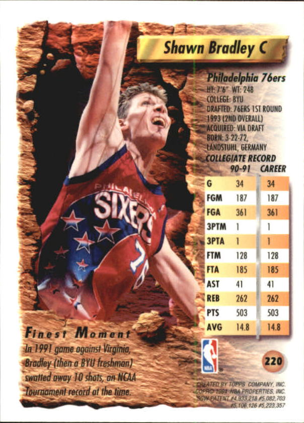 1993-94 Finest #220 Shawn Bradley RC back image