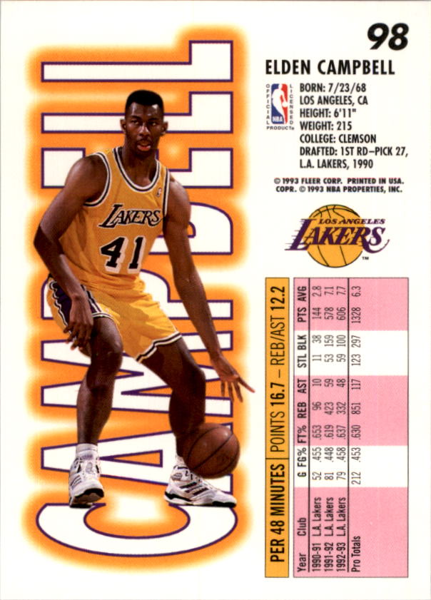 Champion Elden Campbell Lakers NBA Jersey 41 Basketball Jersey