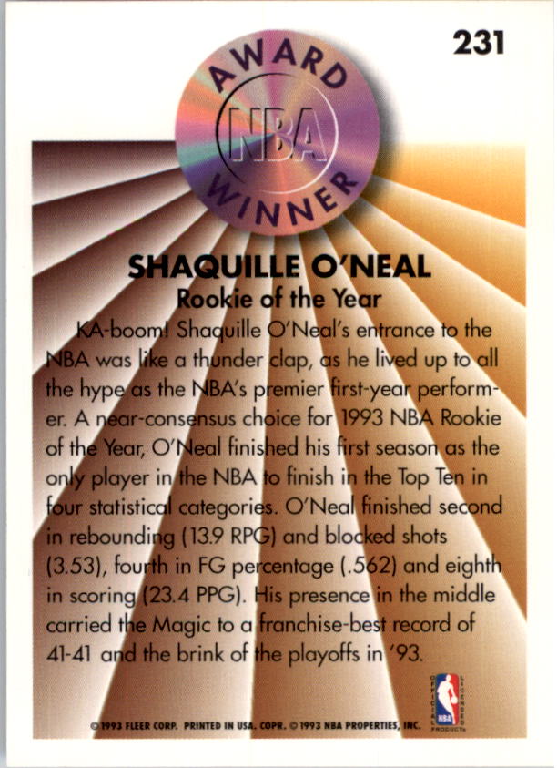 1993-94 Fleer #231 Shaquille O'Neal AW back image