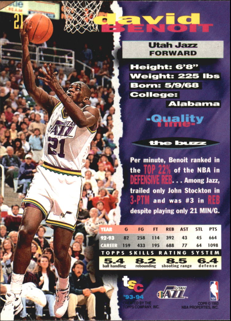 1993-94 Stadium Club Super Teams NBA Finals #21 David Benoit back image