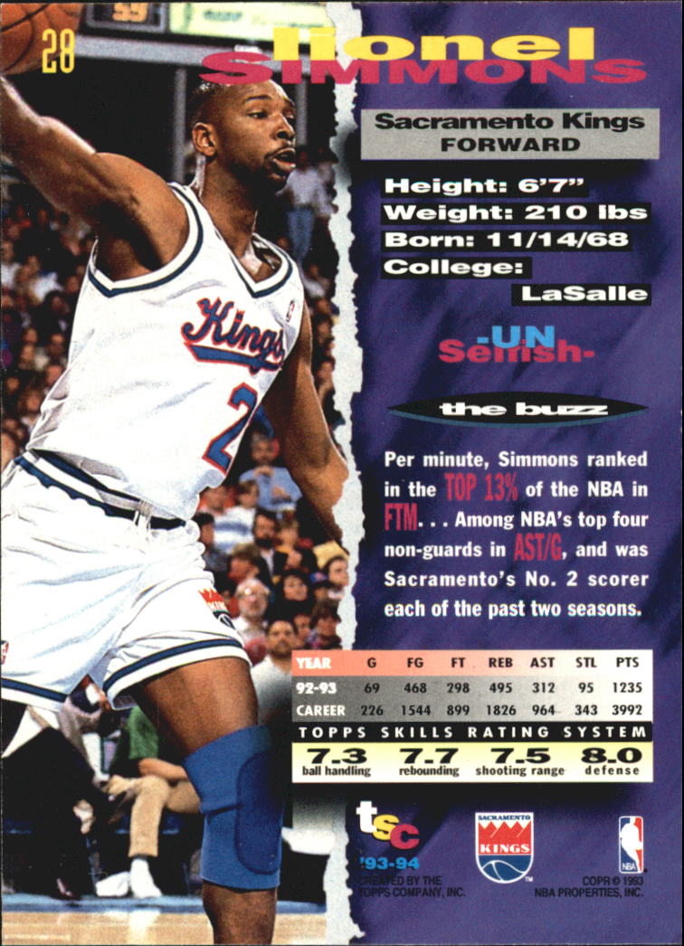 1993-94 Stadium Club Super Teams NBA Finals #28 Lionel Simmons back image
