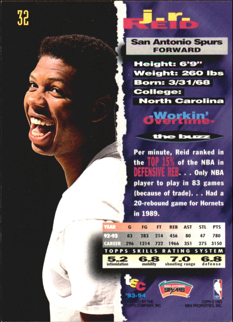 1993-94 Stadium Club Super Teams NBA Finals #32 J.R. Reid back image