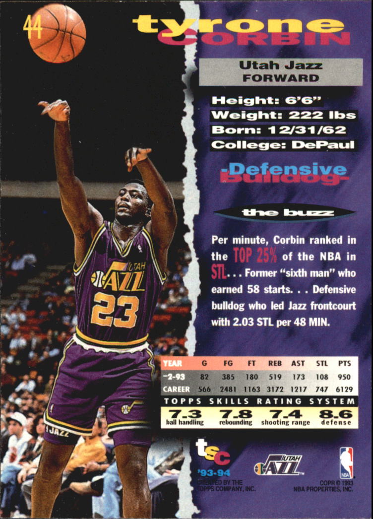 1993-94 Stadium Club Super Teams NBA Finals #44 Tyrone Corbin back image