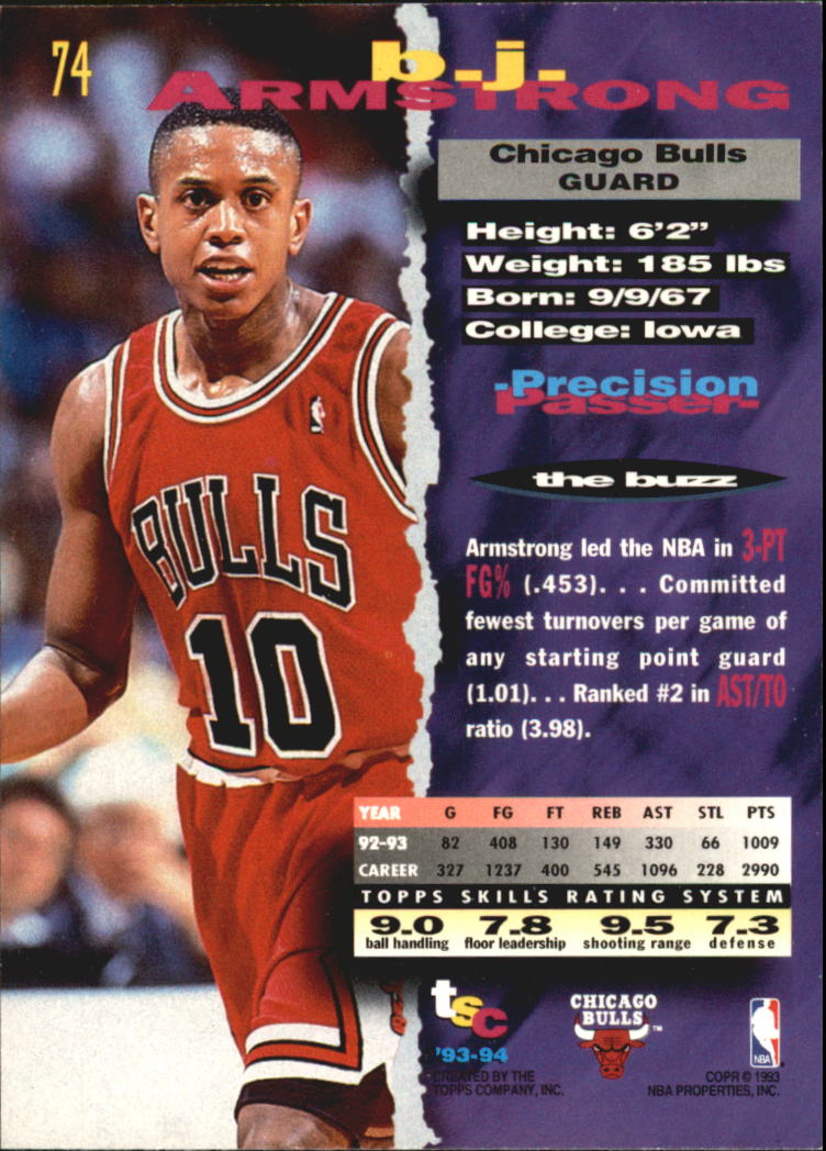 1993-94 Stadium Club Super Teams NBA Finals #74 B.J. Armstrong back image