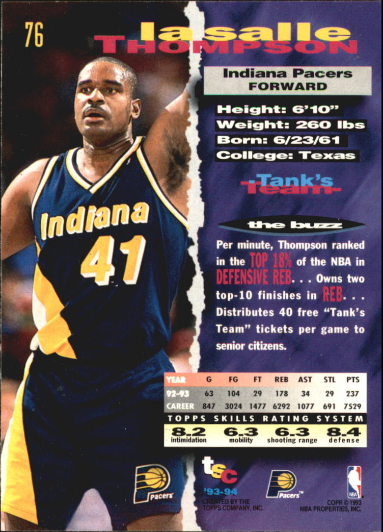 1993-94 Stadium Club Super Teams NBA Finals #76 LaSalle Thompson back image