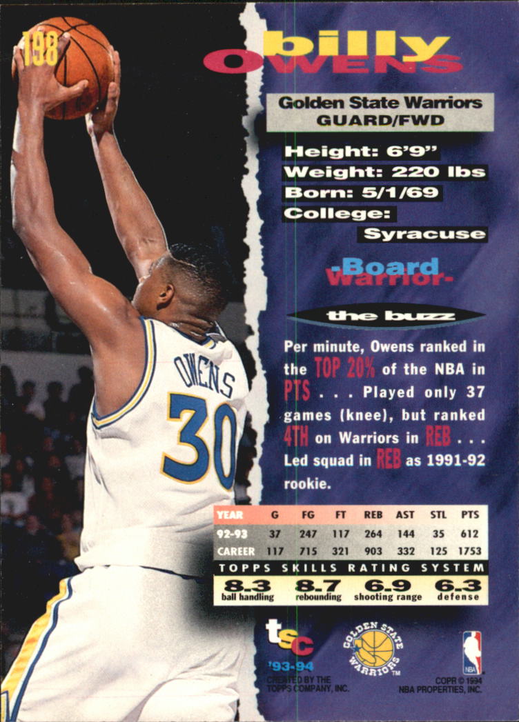 1993-94 Stadium Club Super Teams NBA Finals #198 Billy Owens back image