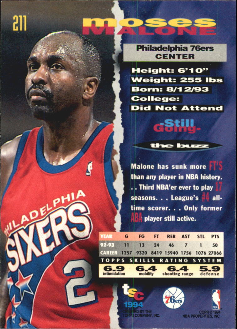 1993-94 Stadium Club Super Teams NBA Finals #211 Moses Malone back image