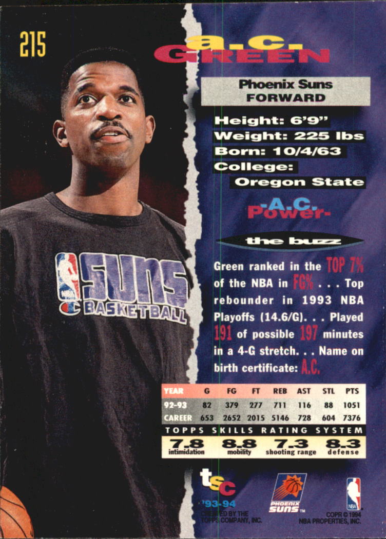 1993-94 Stadium Club Super Teams NBA Finals #215 A.C. Green back image