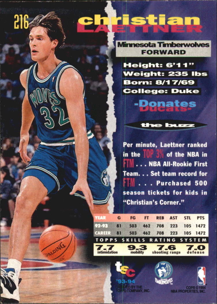 1993 94 Stadium Club Super Teams NBA Finals 216 Christian Laettner NM MT Card Shack 