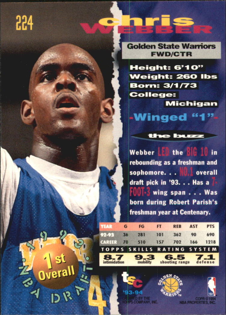 1993-94 Stadium Club Super Teams NBA Finals #224 Chris Webber back image