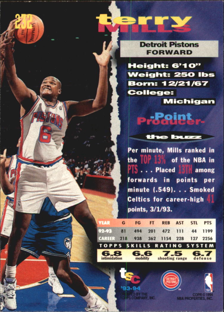 1993-94 Stadium Club Super Teams NBA Finals #232 Terry Mills back image