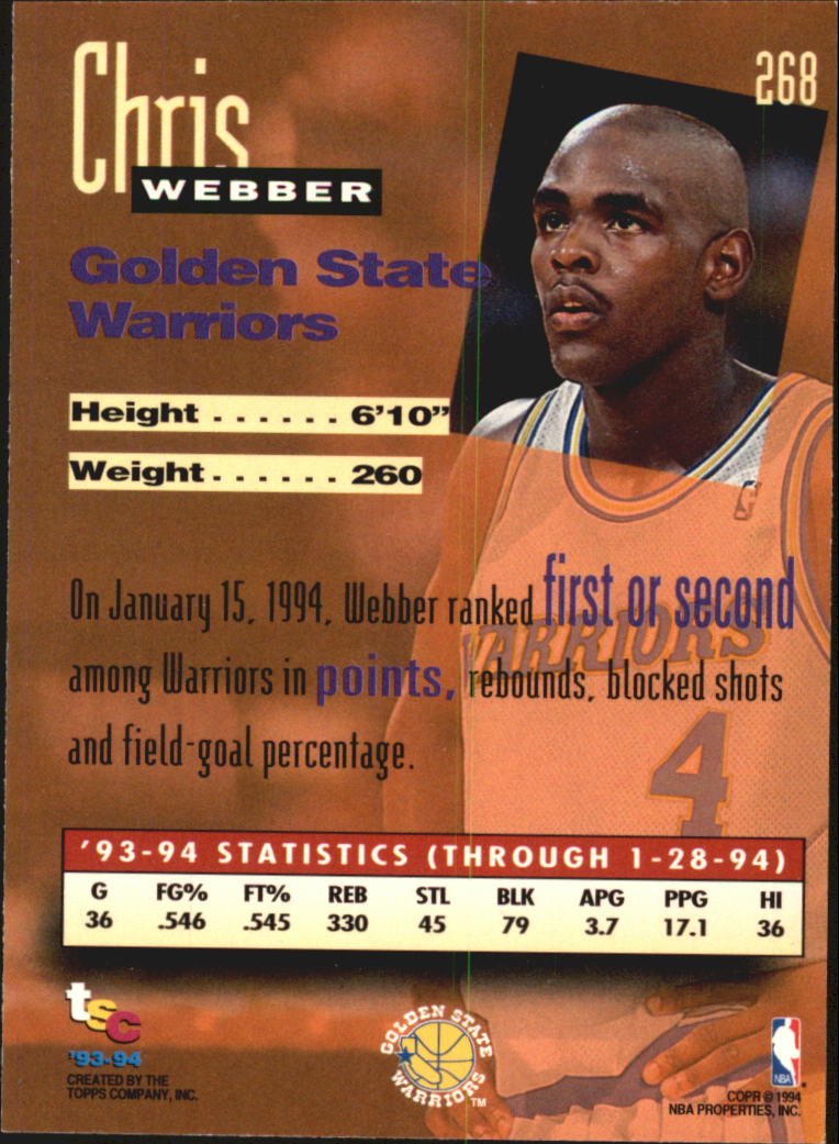 1993-94 Stadium Club Super Teams NBA Finals #268 Chris Webber NW back image