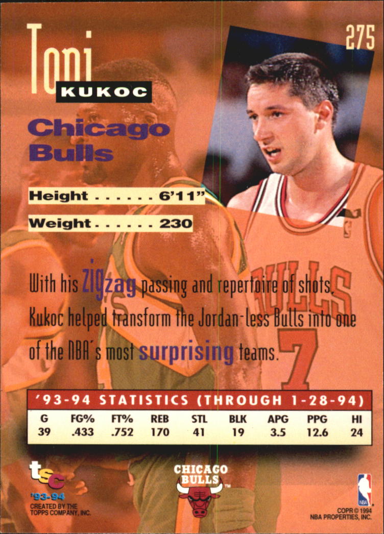 1993-94 Stadium Club Super Teams NBA Finals #275 Toni Kukoc NW back image