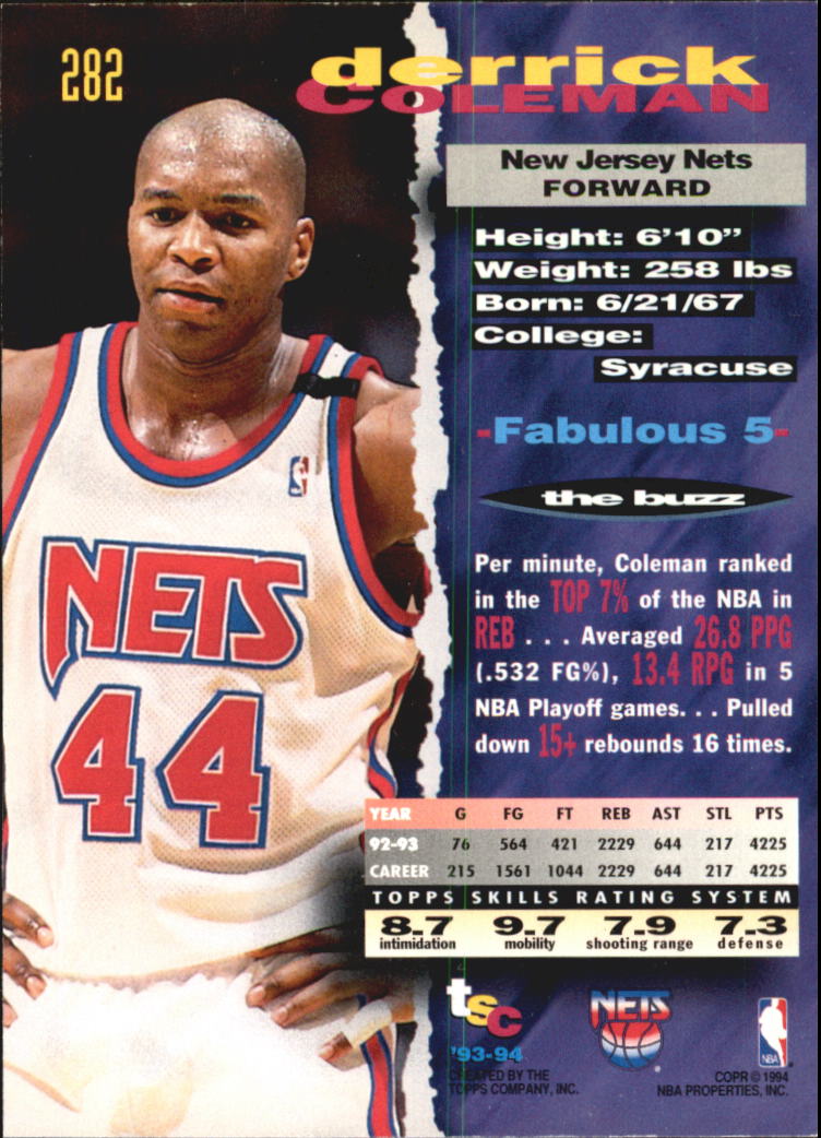 1993-94 Stadium Club Super Teams NBA Finals #282 Derrick Coleman back image