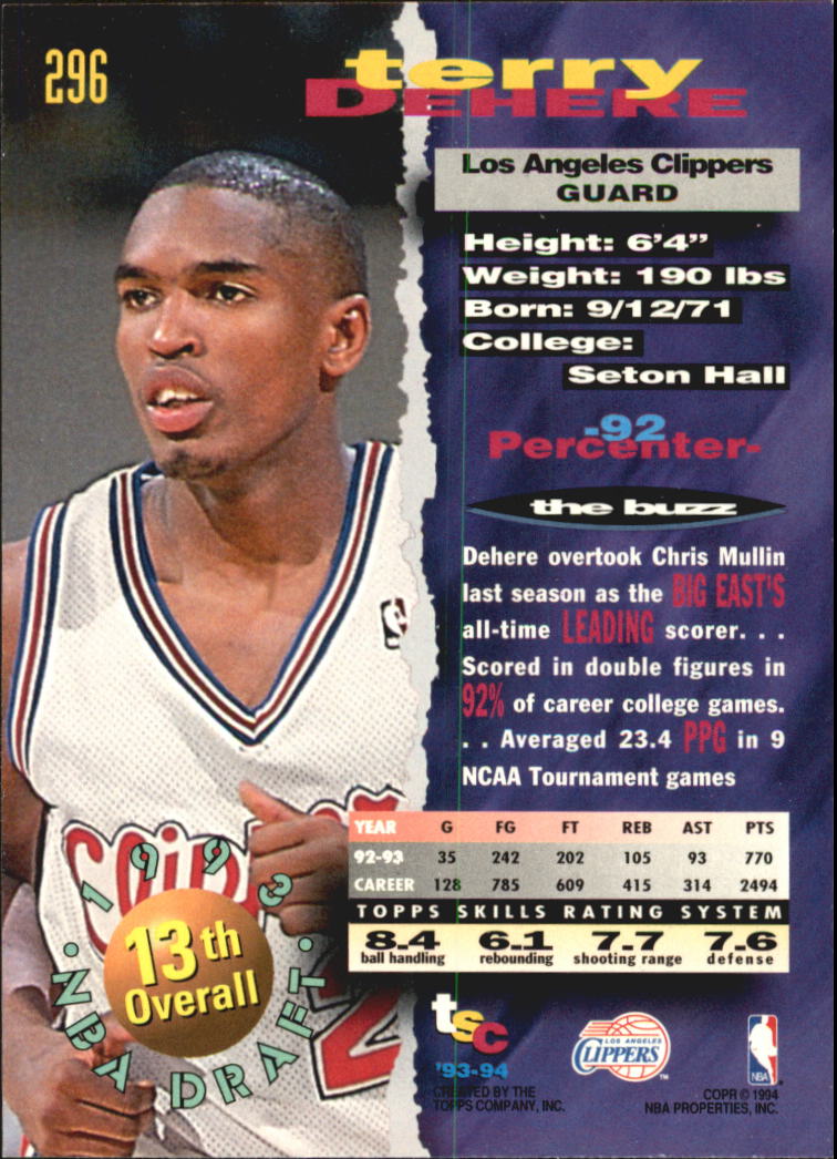 1993-94 Stadium Club Super Teams NBA Finals #296 Terry Dehere back image