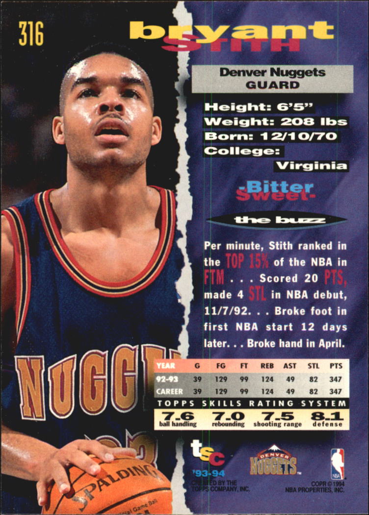 1993-94 Stadium Club Super Teams NBA Finals #316 Bryant Stith back image