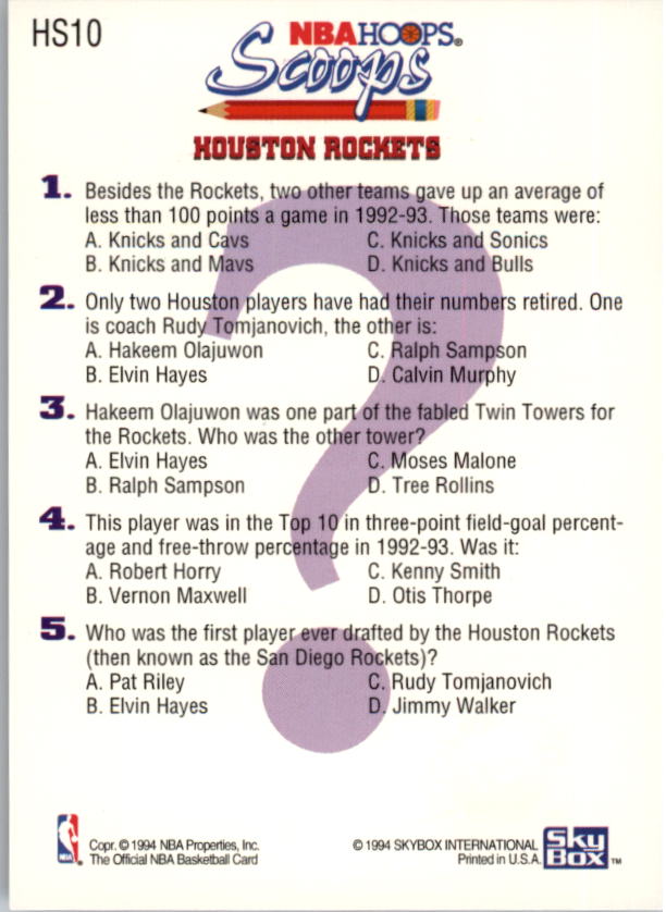 1993-94 Hoops Scoops Fifth Anniversary Gold #HS10 Hakeem Olajuwon UER/(Robert Horry is featured player) back image