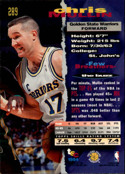 1993-94 Stadium Club Members Only Parallel #289 Chris Mullin back image