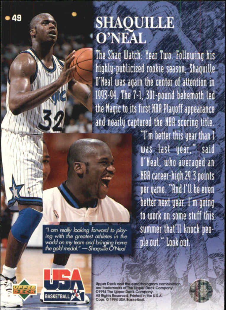 1994 Upper Deck USA Gold Medal #49 Shaquille O'Neal/Player Quotebook back image