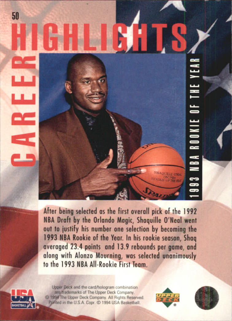 1994 Upper Deck USA Gold Medal #50 Shaquille O'Neal/1993 Rookie of The Year back image