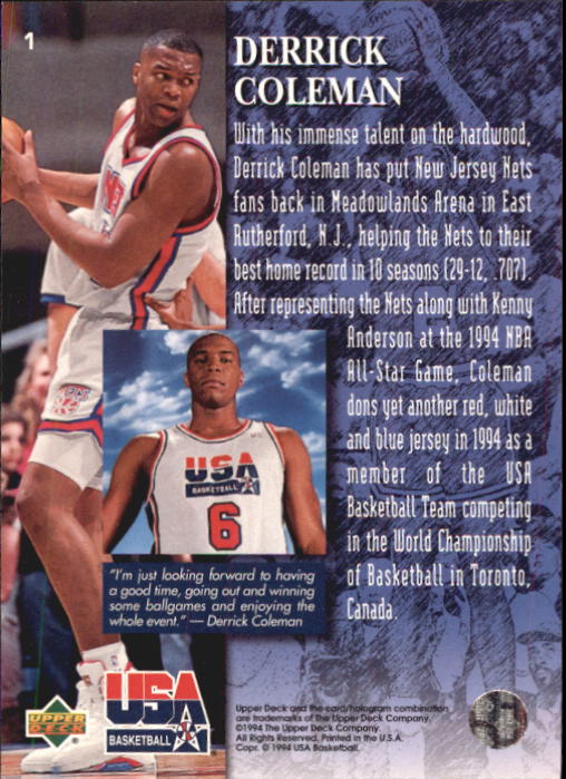 1994 Upper Deck USA #1 Derrick Coleman/Player Quotebook back image