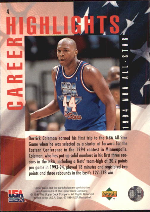 1994 Upper Deck USA #4 Derrick Coleman/1994 All-Star Game back image