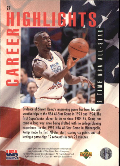 1994 Upper Deck USA #27 Shawn Kemp/2-Time NBA All-Star back image