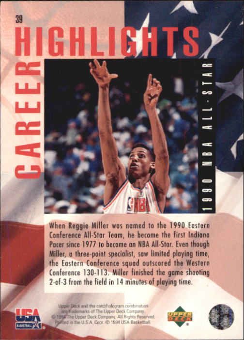 1994 Upper Deck USA #39 Reggie Miller/1990 NBA All-Star back image