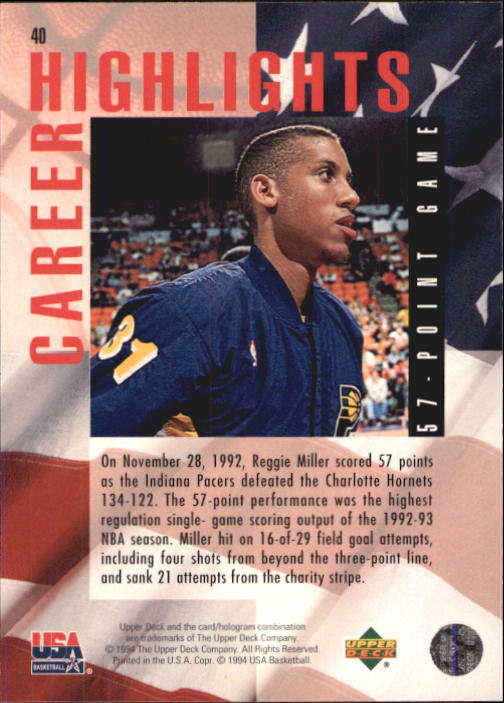 1994 Upper Deck USA #40 Reggie Miller/57-Point Game back image