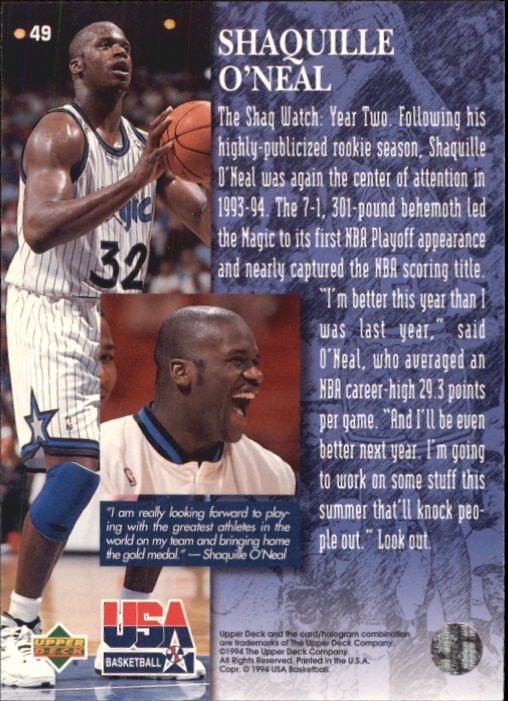 1994 Upper Deck USA #49 Shaquille O'Neal/Player Quotebook back image