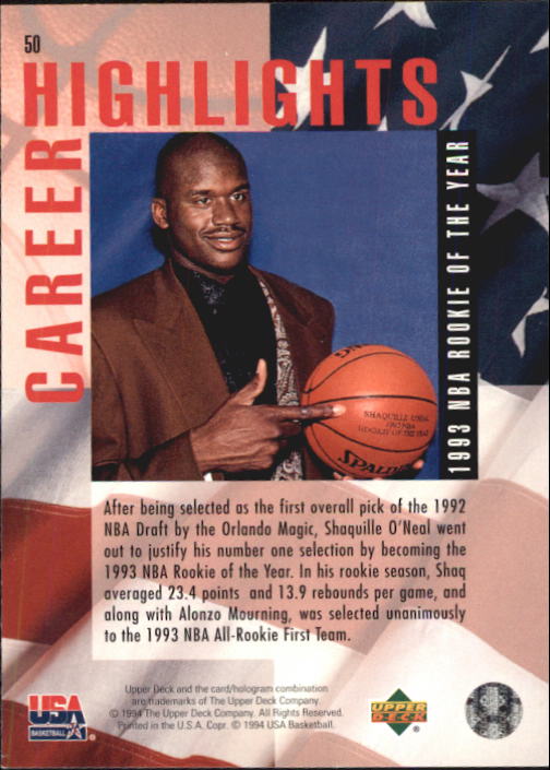 1994 Upper Deck USA #50 Shaquille O'Neal/1993 Rookie of The Year - NM-MT -  Jammin JD Sports Cards