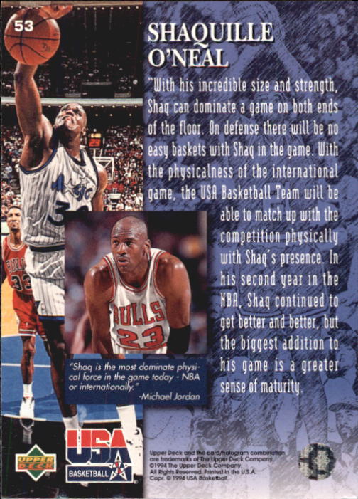 1994 Upper Deck USA #53 Shaquille O'Neal/The Jordan Report back image