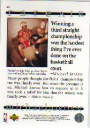 1994 Upper Deck Jordan Rare Air #48 Michael Jordan/(Holding up three fingers, representing three NBA titles) back image