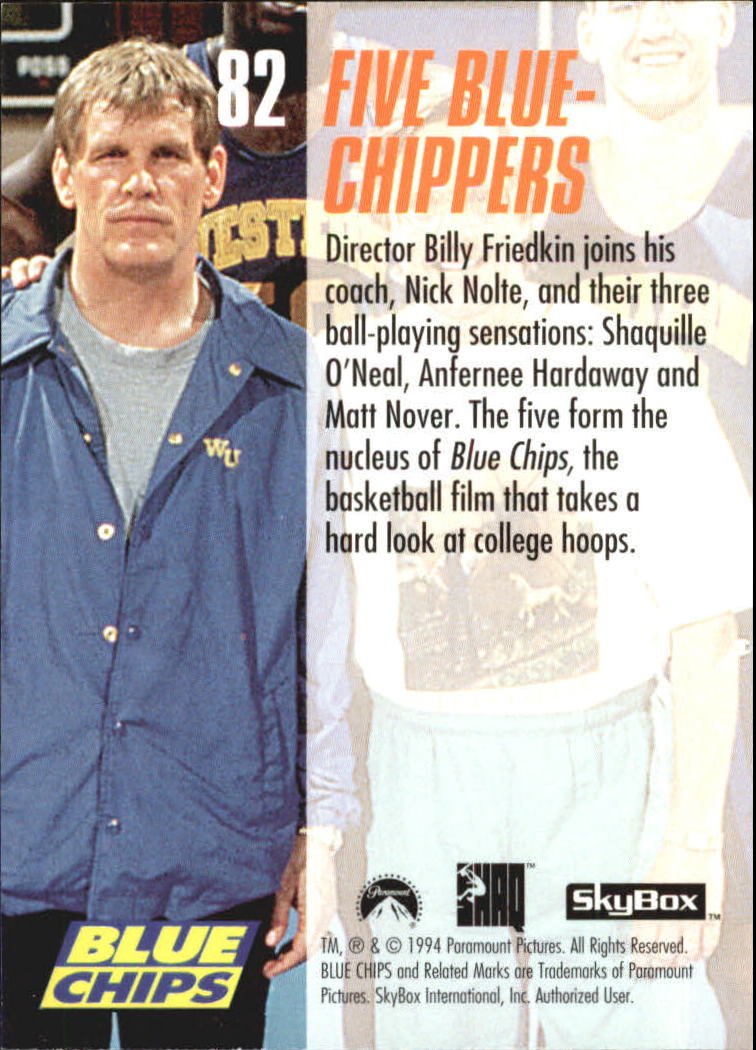 1994 SkyBox Premium Blue Chips #82 Five Blue-Chippers/Penny Hardaway/Shaquille O'Neal/Matt Nover/Nick Nolte/William Friedkin back image