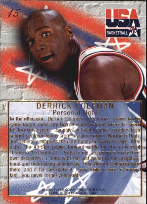 1994 Flair USA #15 Derrick Coleman/Personal Note back image