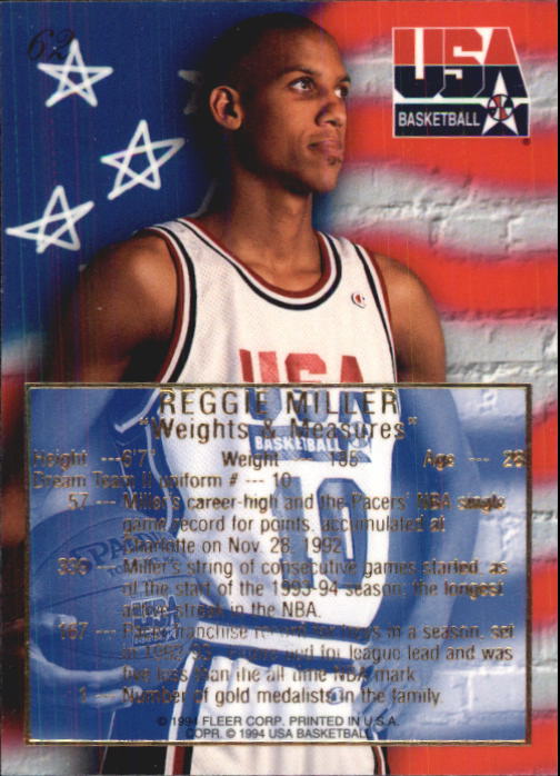 1994 Flair USA #62 Reggie Miller/Weights and Measures back image