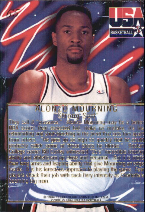 1994 Flair USA #65 Alonzo Mourning/Strong Suit back image