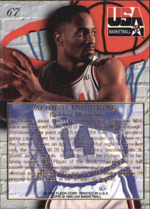1994 Flair USA #67 Alonzo Mourning/Golden Moment back image