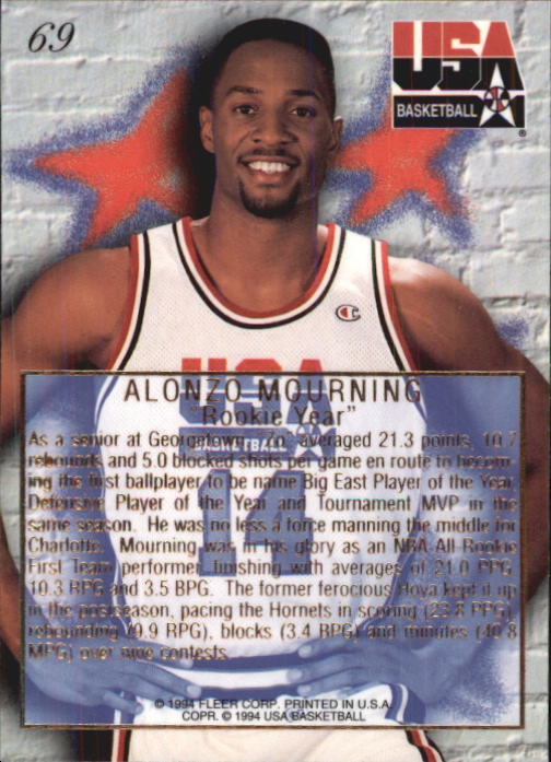 1994 Flair USA #69 Alonzo Mourning/Rookie Year back image