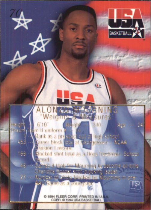 1994 Flair USA #70 Alonzo Mourning/Weights and Measures back image
