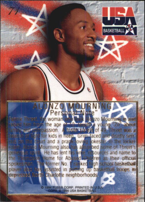 1994 Flair USA #71 Alonzo Mourning/Personal Note back image