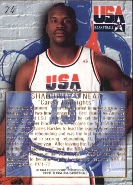 1994 Flair USA #74 Shaquille O'Neal/Career Highlights back image