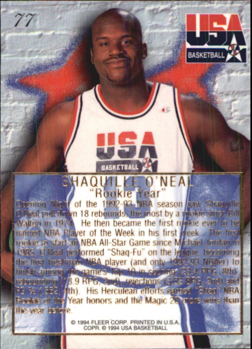 1994 Flair USA #77 Shaquille O'Neal/Rookie Year back image