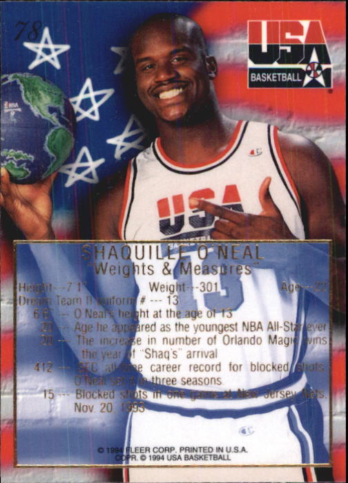 1994 Flair USA #78 Shaquille O'Neal/Weights and Measures back image