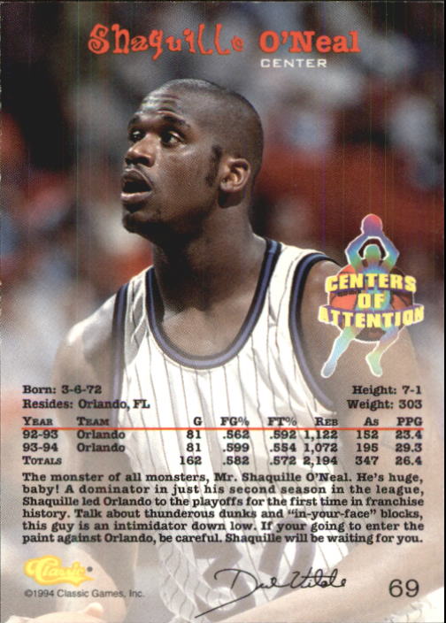 1994 Classic #69 Shaquille O'Neal CEN back image