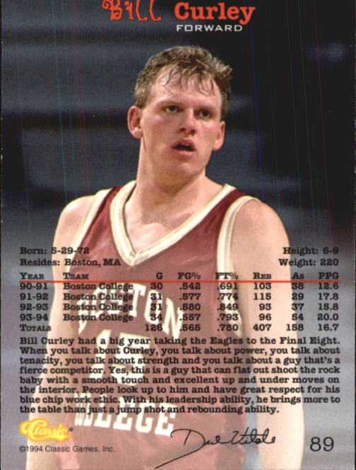 1994 Classic #89 Bill Curley back image