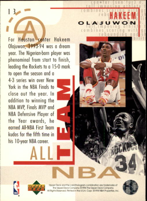 1994-95 Upper Deck #13 Hakeem Olajuwon AN back image