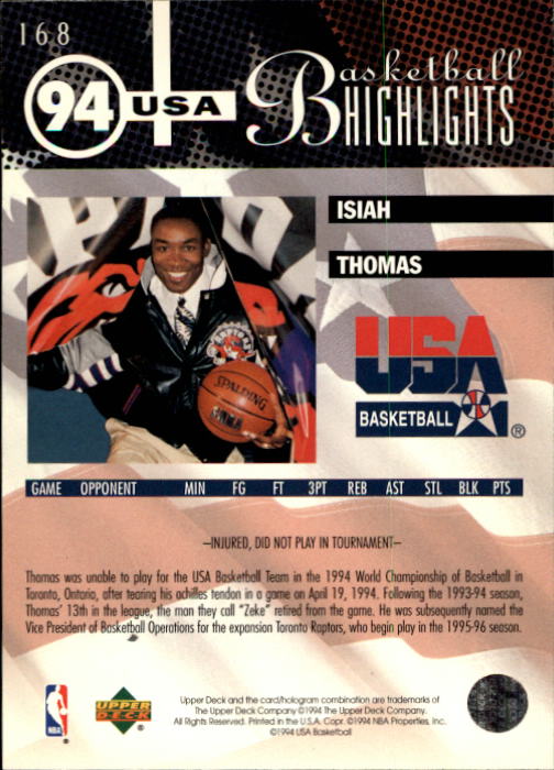 1994-95 Upper Deck #168 Isiah Thomas USA back image